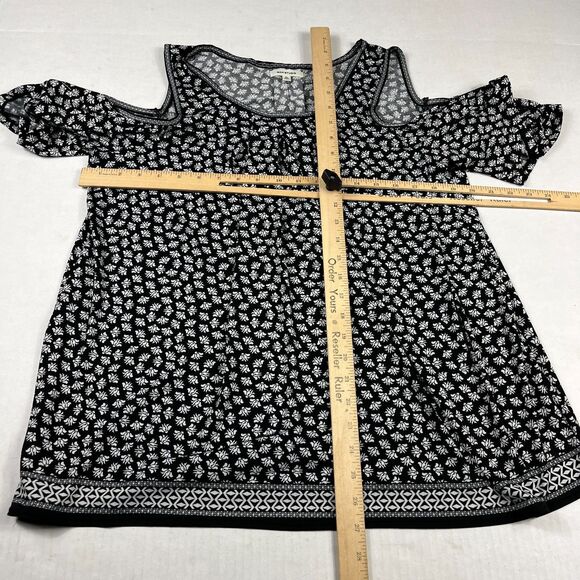 Max Studio Cold Shoulder Floral Top XL Black White Boho Cottagecore Casual Shirt - Picture 5 of 10